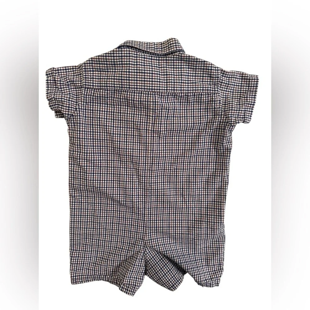 Ralph Lauren Baby Boy Romper Gingham Plaid Blue Button Down Shortall 12-18 M
